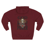 God Money Power-Hoodie — Skull Graphic Three-Panel Fleece Pullover