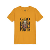 Youth Tee — 'God Money Power' Skull Graphic Shirt