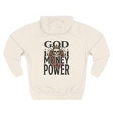 God Money Power-Hoodie — Skull Graphic Three-Panel Fleece Pullover