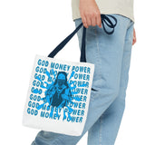 God Money Power Graphic Tote Bag — Blue Urban Goddess All-Over Print Tote