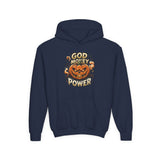 Halloween Pumpkin Hoodie — “God Money Power” Graphic Youth Sweatshirt