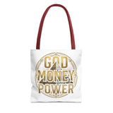 God Money Power Tote Bag — Bold Pyramid Graphic Religious Statement Tote