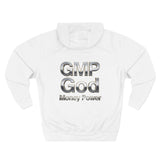 GMP God Money Power Hoodie — Metallic Text Graphic Fleece Hoodie