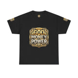 Graphic Tee — "God Money Power" Gold Crest T-Shirt
