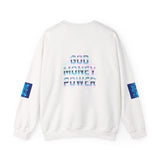 Crewneck Sweatshirt — 'God Money Power' Blue Graphic Pullover