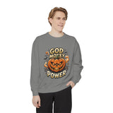 God Money Power- Pumpkin Sweatshirt — Halloween Jack-O'-Lantern Graphic Crewneck