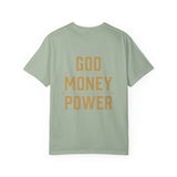 God Money Power T-Shirt — Crown, Coin & Fist Graphic Tee