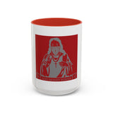 Coffee Mug — Red 'God Money Power' Saint Illustration Accent Mug (11/15 oz)