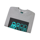 Crewneck Sweatshirt — GOD MONEY POWER Graphic Crewneck (Neon Cyan on White)