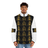 Puffer Jacket — Gold Gothic Saint Pattern