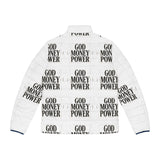 God Money Power Puffer Jacket — Bold Graphic Men's Winter Coat