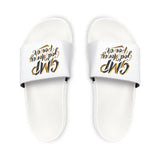 Slide Sandals — White Removable-Strap Slides with 'CMP God Mercy Power' Gold Script