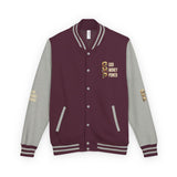 God Money Power Letterman Jacket — Red Varsity Bomber with GMP Gold Logo