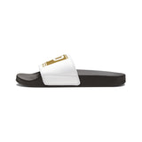Slide Sandals — White "GMP (God Money Power)" Adjustable Strap Slides for Men