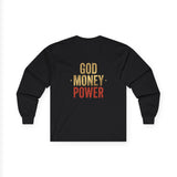 Long Sleeve Tee — 'God, Money, Power' Retro Palm Graphic