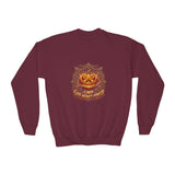 Youth Crewneck Sweatshirt — Vintage Halloween Pumpkin "GOD MONEY POWER"