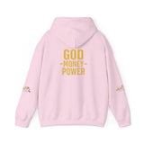 God • Money • Power Hoodie — White Pullover with Gold GMP Logo