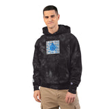 Tie-Dye Embroidered Hoodie — Navy Champion-Style Pullover with Blue Graphic
