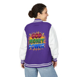 Letterman Jacket — "God Money Power" Retro Graphic Varsity Jacket