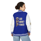 God Money Power Letterman Jacket — Red Varsity Bomber with GMP Gold Logo