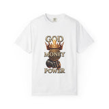 God Money Power T-Shirt — Crown, Coin & Fist Graphic Tee