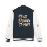 God Money Power Letterman Jacket — Red Varsity Bomber with GMP Gold Logo