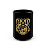 Black Mug — "GMP Good Money Power" Gold 3D Typography Coffee Cup