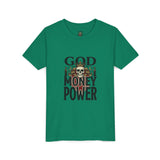 Youth Tee — 'God Money Power' Skull Graphic Shirt