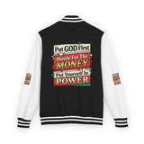 Letterman Jacket — "Put GOD First, Hustle For The MONEY, Put Yourself In POWER" Inspirational Varsity Coat
