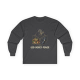 God Money Power Long Sleeve Tee — Inspirational Faith & Prosperity Graphic Shirt