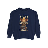 Sweatshirt — 'God Money Power' Crown & Fist Graphic Crewneck