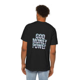 God Money Power T-Shirt — Retro Neon Graphic Tee (Front Illustration, Back Text)