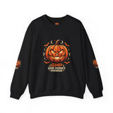 Halloween Pumpkin Crewneck Sweatshirt- “God Money Power” — Jack-O'-Lantern Graphic
