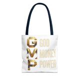 God Money Power Tote Bag – Gold 3-Word Motivational AOP Tote