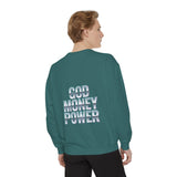 Graphic Sweatshirt - "God Money Power" Blue Retro Streetwear Crewneck