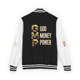 God Money Power Letterman Jacket — Red Varsity Bomber with GMP Gold Logo