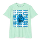 God Money Power Graphic T-Shirt — Blue Anime-Inspired Streetwear
