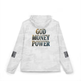 Windbreaker Jacket — "GOD MONEY POWER" Camo Zip-Up Hooded Jacket