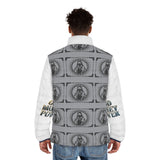 Puffer Jacket — 'God Money Power' Retro Icon All-Over Print