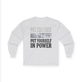 Long Sleeve Tee — "Put God First, Hustle for the Money, Put Yourself in Power" Inspirational Faith & Hustle Top