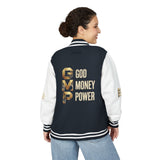 God Money Power Letterman Jacket — Red Varsity Bomber with GMP Gold Logo