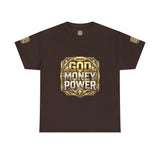 Graphic Tee — "God Money Power" Gold Crest T-Shirt