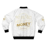 Bomber Jacket — "Put God First, Hustle for the Money" White AOP