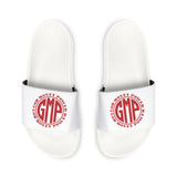 Slide Sandals — White Men's Removable-Strap Slides with Red Monogram Graphic