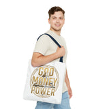 God Money Power Tote Bag — Bold Pyramid Graphic Religious Statement Tote
