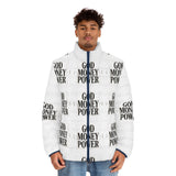 God Money Power Puffer Jacket — Bold Graphic Men's Winter Coat