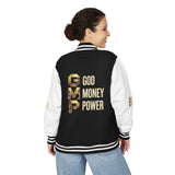 God Money Power Letterman Jacket — Red Varsity Bomber with GMP Gold Logo