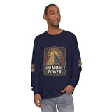 Long Sleeve T-Shirt — 'God Money Power' Pyramid Graphic