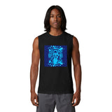 God Money Power Graphic Muscle Tank — Blue Illustration Front, "GOD MONEY POWER" Back