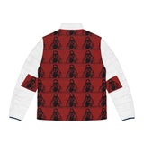 Red Graphic Puffer Jacket — Repeated Hooded Figure Print
